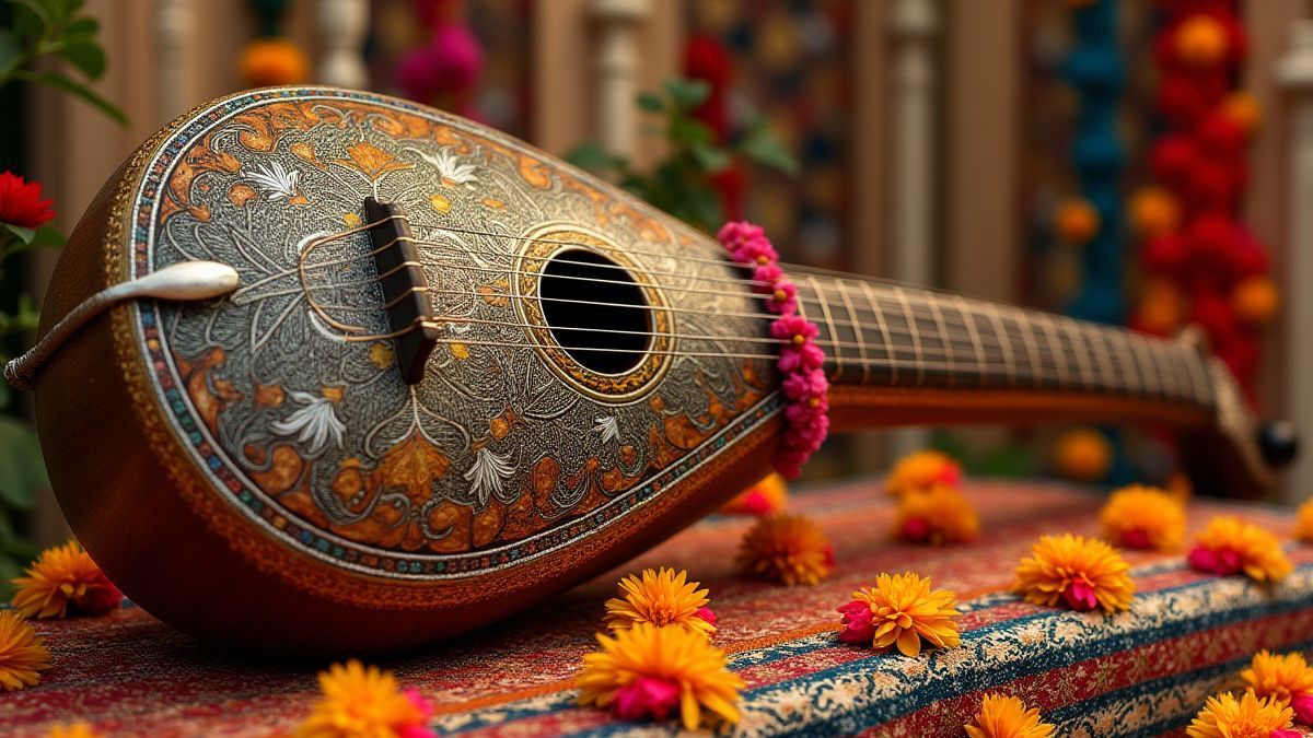 Instrumento musical indio rodeado de decoraciones vibrantes.