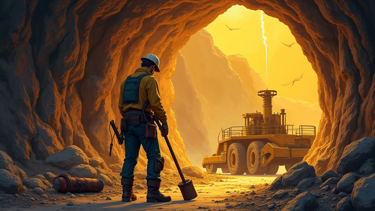 Een mijnwerker die gereedschap en een dynamietontsteker bij een goudmijn aanpast.