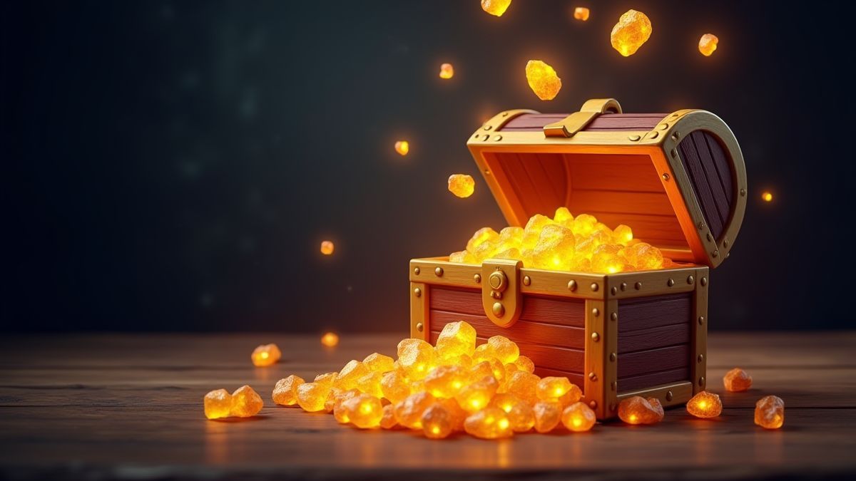 Gouden nuggets vallen in een schatkist met sprankelende effecten.