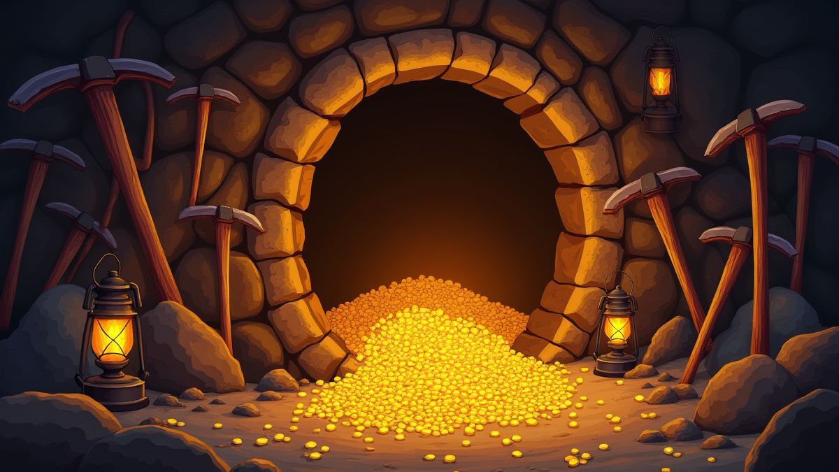 Animatie van een ingang van een goudmijn omringd door pikhouweels en lantaarns.