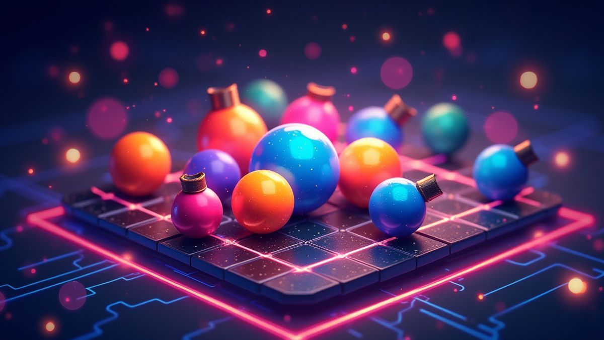 Bombas coloridas sobre una cuadrícula futurista de slot.