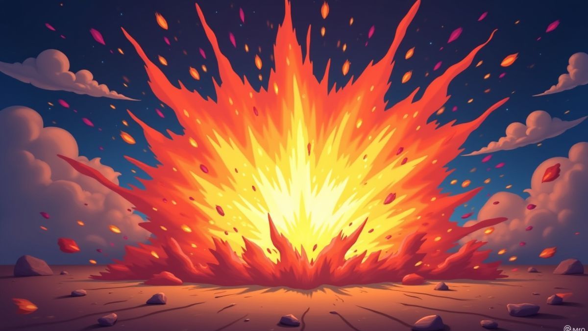 Explosão animada com faíscas coloridas e fumaça vibrante.