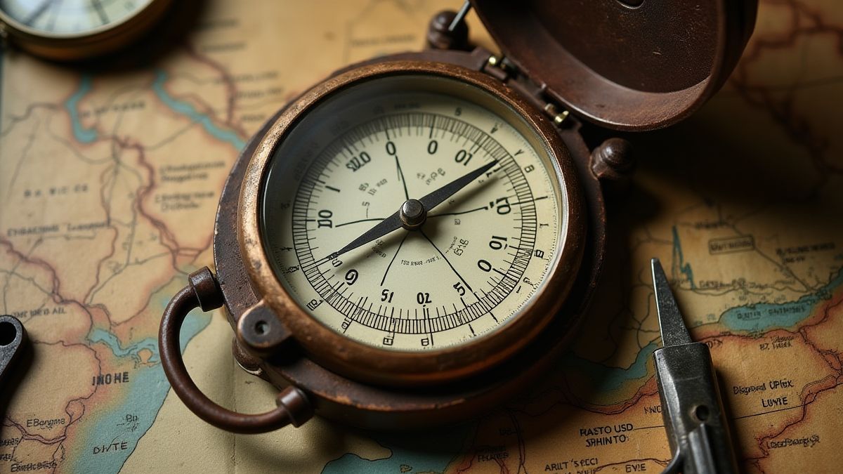 Un compás militar vintage rodeado de mapas y herramientas de aviación.