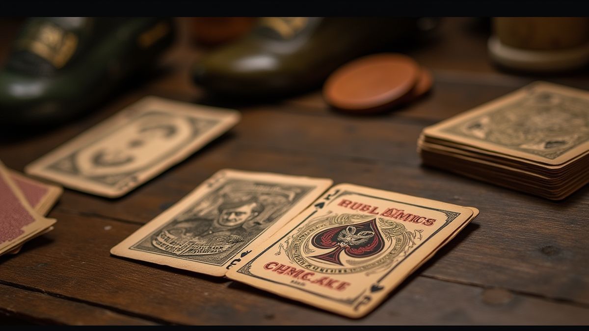 Baraja de cartas vintage en una mesa de madera junto a objetos de la Segunda Guerra Mundial.