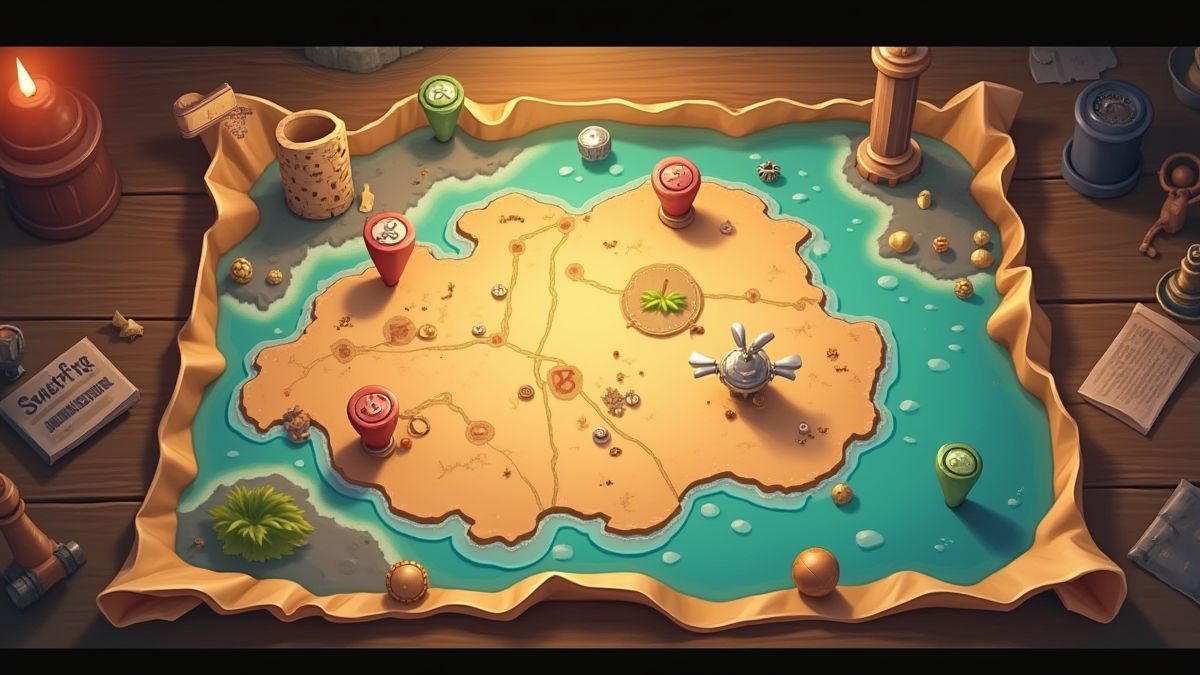 Animated treasure map with pirate symbols.