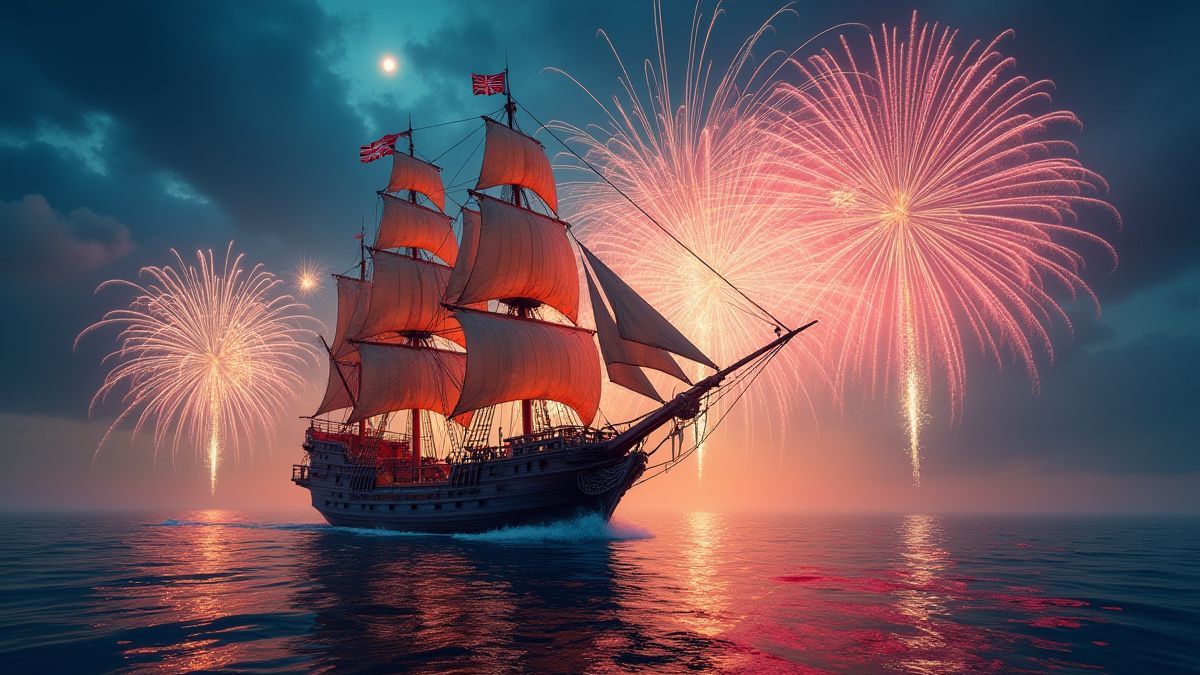 Pirate ship sailing under fireworks.