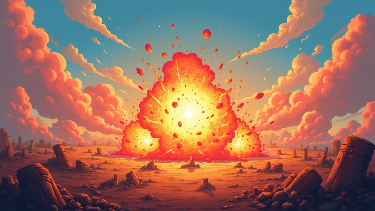 Kleurige explosies op een geanimeerd slagveld.