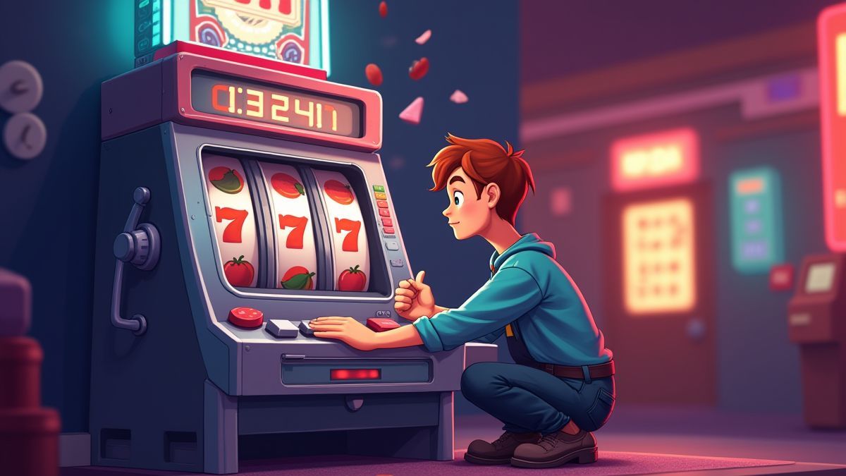 Speler die een gokkast instelt in cartooneske stijl.