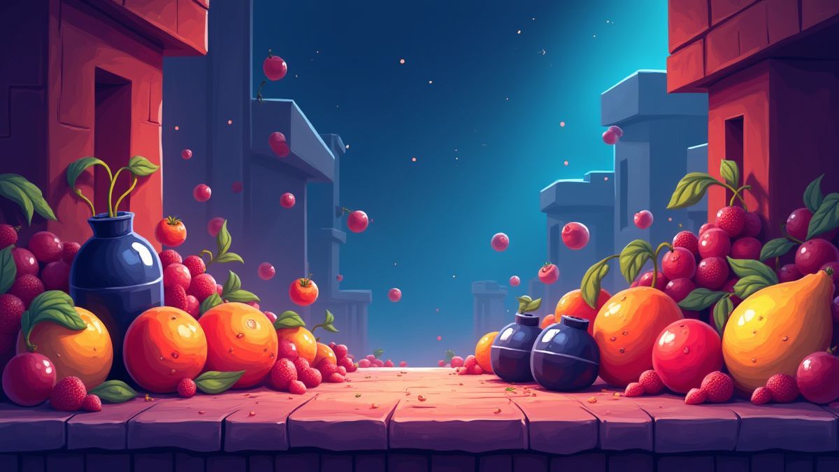 Un fondo estilo arcade con frutas y bombas dispersas.