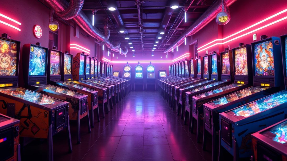 Futuristic casino arcade with neon lights and pinball machines.