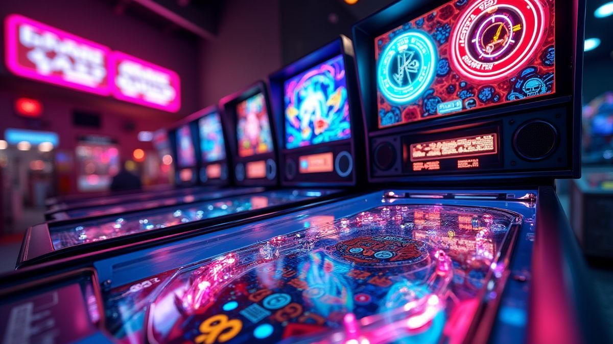 Neon-lit arcade with futuristic symbols.