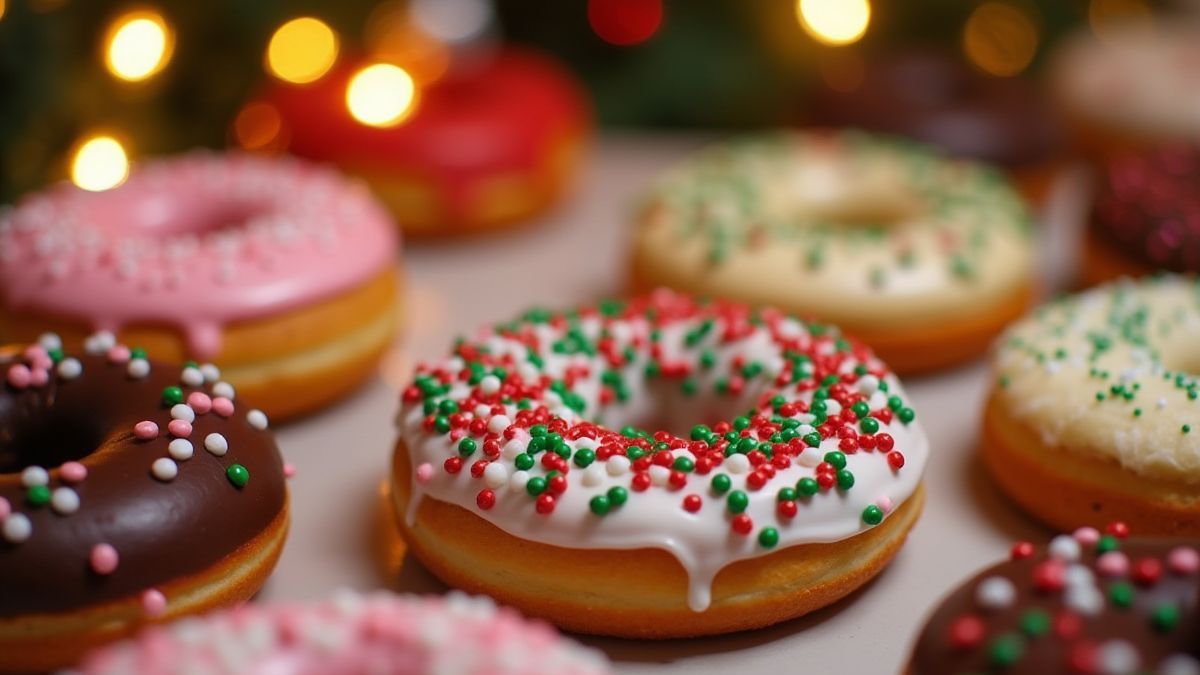 Donuts and cupcakes in a Christmas environment.
