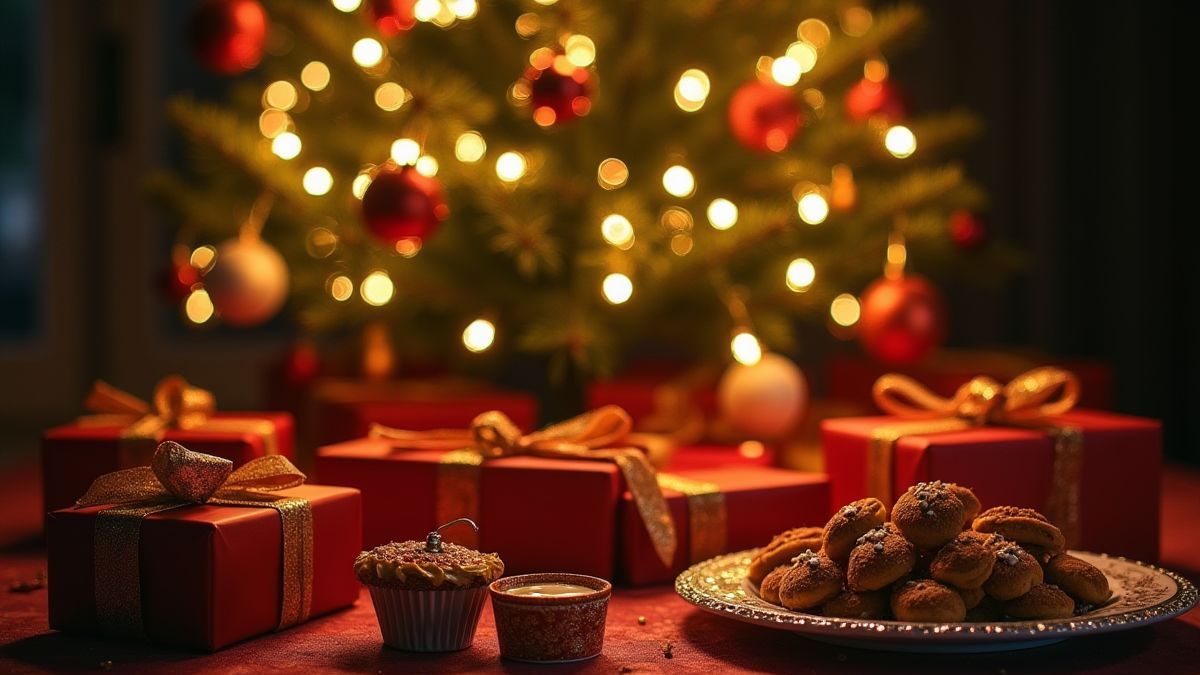 Christmas tree surrounded by gifts and sweets.