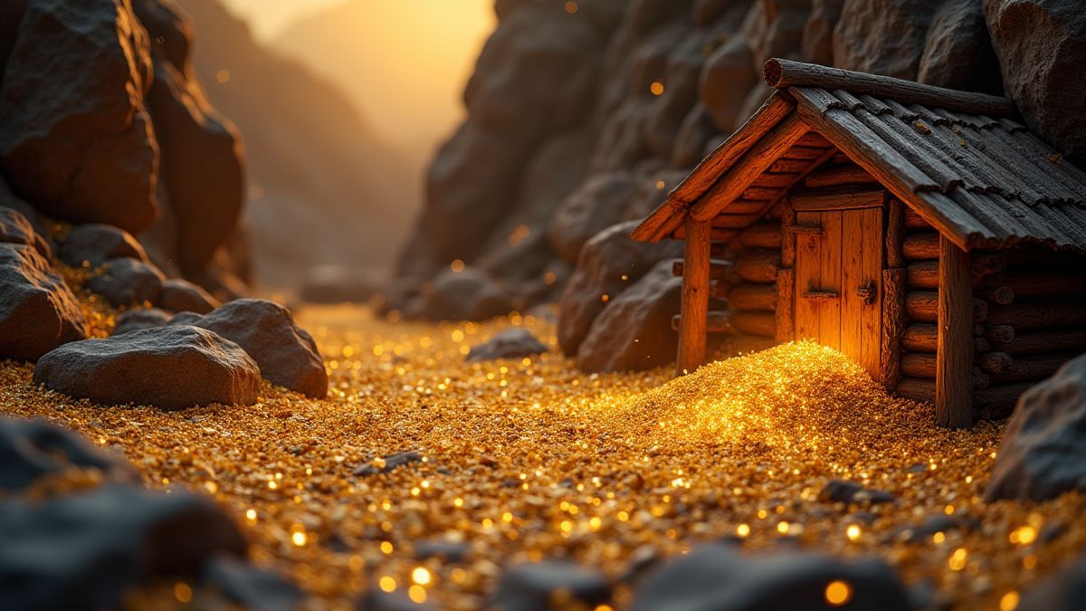 Une mine d'or avec des gemmes brillantes et une cabane en bois.