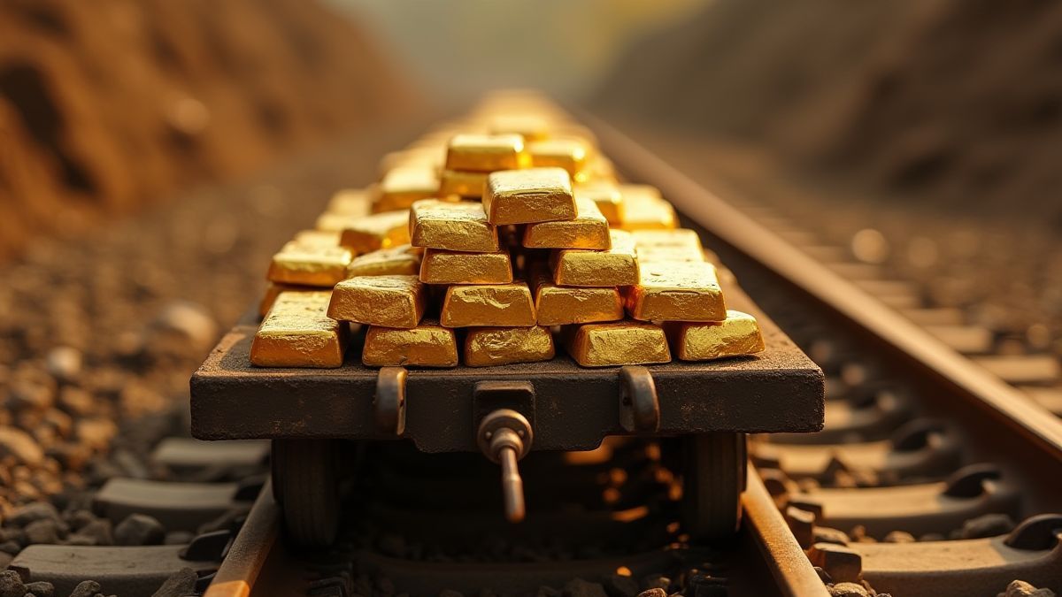 Un chariot rempli de barres d'or dans une mine.