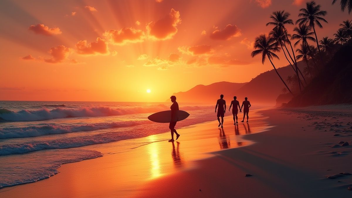 Pôr do sol tropical na praia com surfistas em direção às ondas.