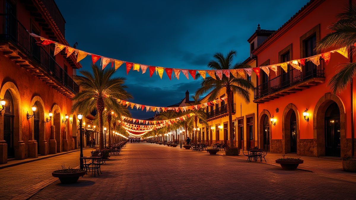 Town square of a Mexican village decorated for the Day of the Dead.