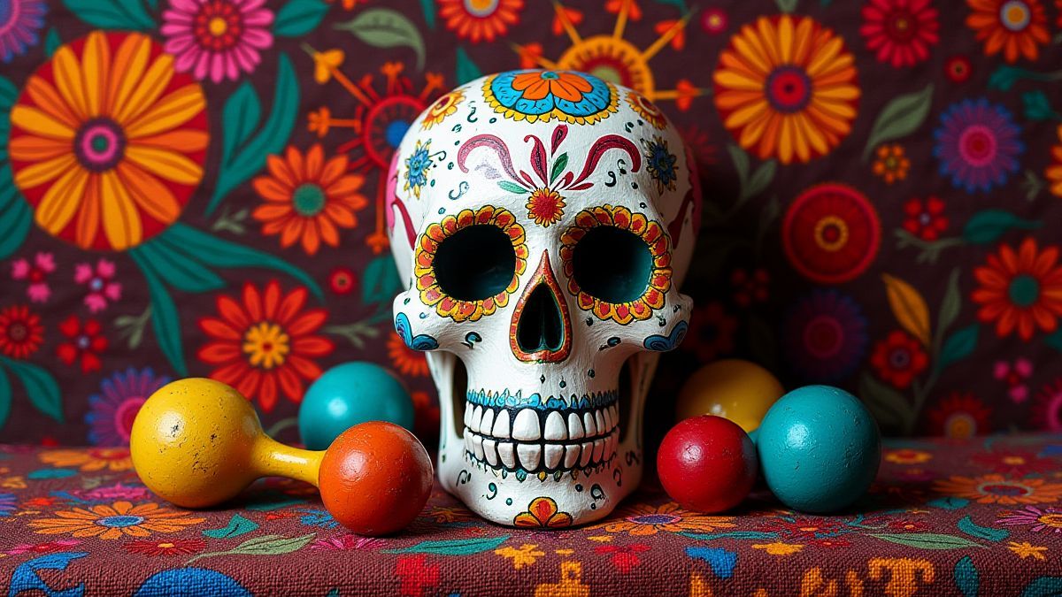 Sugar skull and maracas on a festive Mexican background.