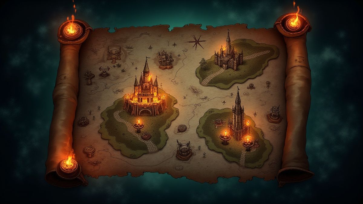 Um mapa do tesouro com pontos brilhantes e símbolos de piratas.