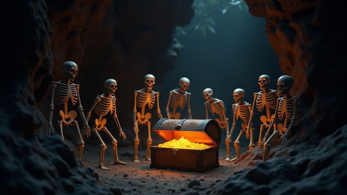 Um baú do tesouro brilhante cercado por esqueletos em uma caverna escura.
