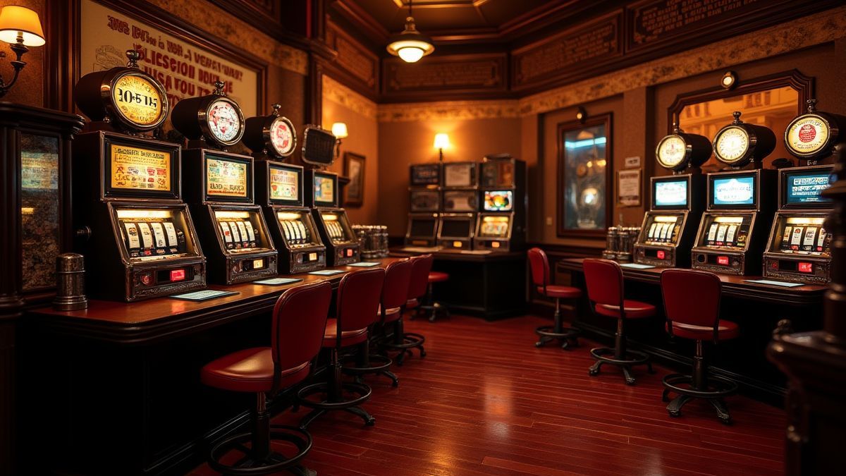 Decoración vintage de casino con máquinas tragaperras y luces cálidas.