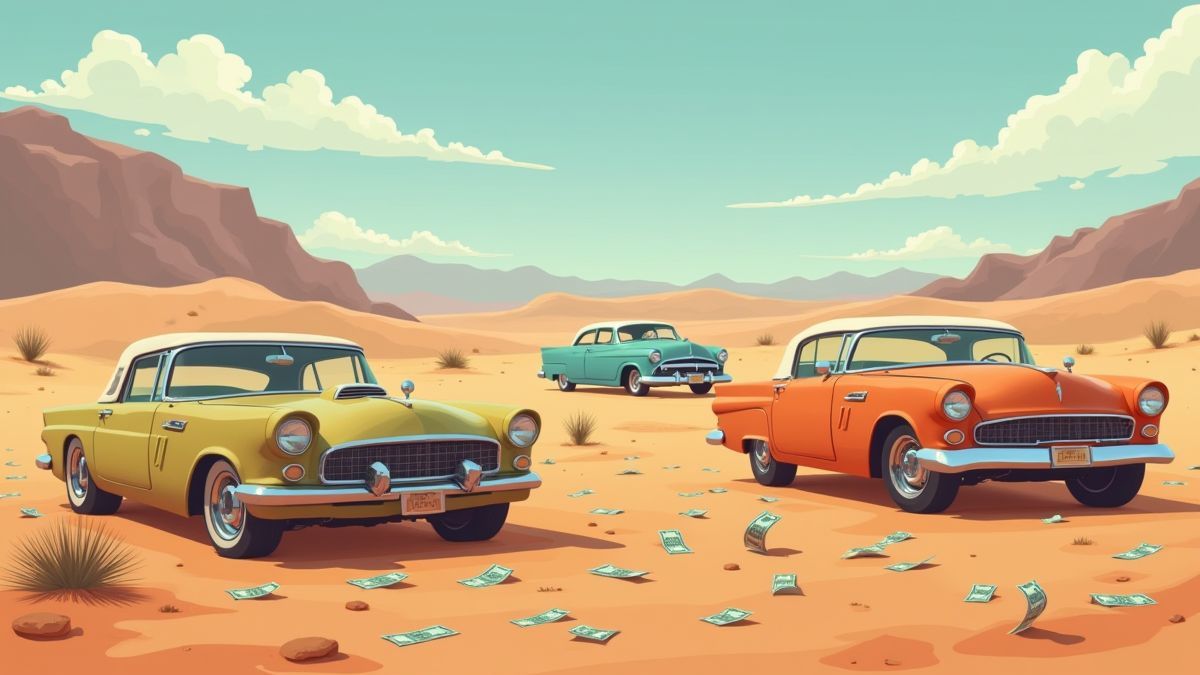 Desert landscape with vintage cars and money scattered around.