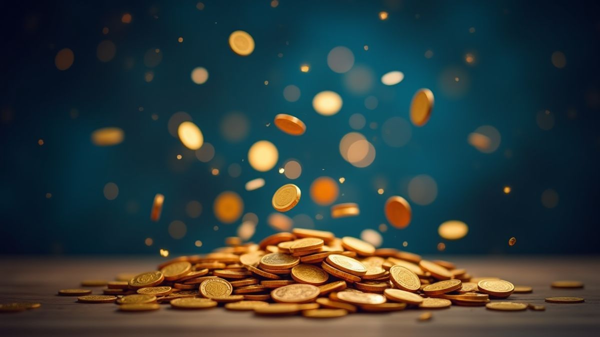 Celebration scene with coins and money flying under the night sky.