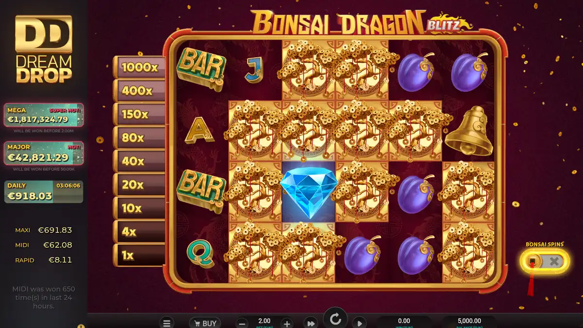 Jogo base do Bonsai Dragon Blitz Dream Drop na grade 6x4 com medidores de jackpot Dream Drop