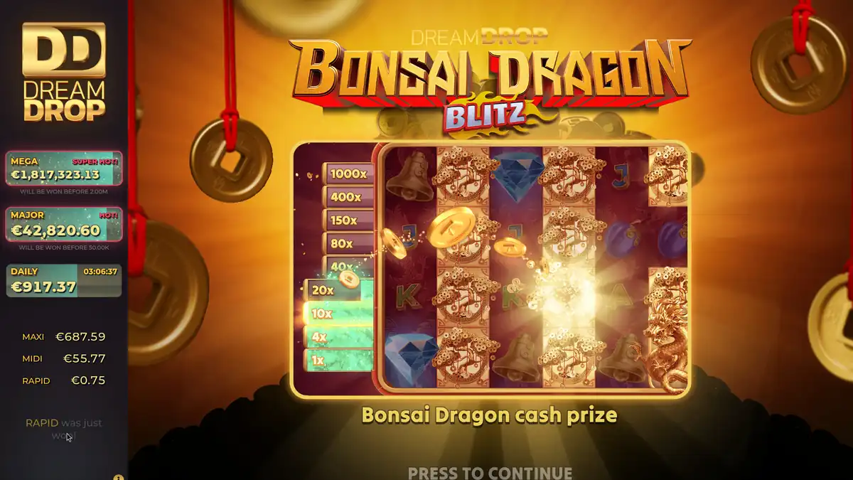 Medidor de coleção do Bonsai Dragon Blitz Dream Drop concedendo um prêmio em dinheiro Bonsai Dragon