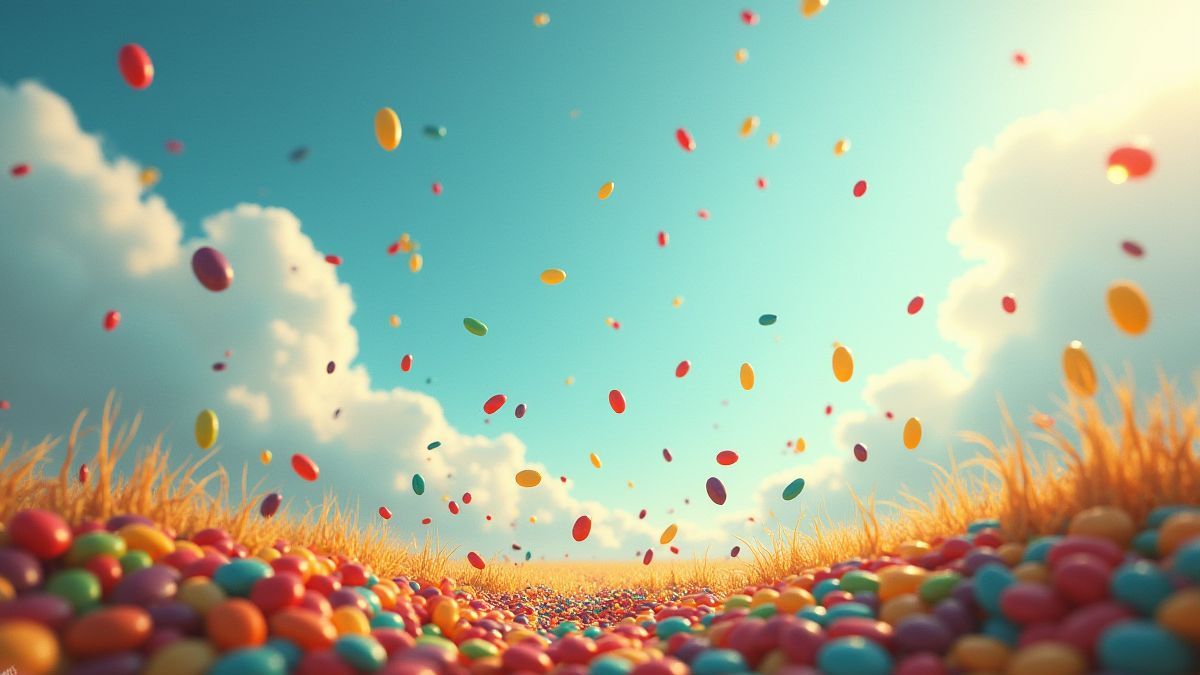 Colorful beans falling in a fantastic landscape.