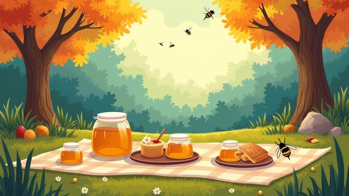 Cena de piquenique na floresta com potes de mel e árvores coloridas.