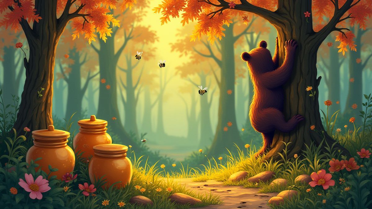 Um urso subindo uma árvore rodeado de potes de mel e abelhas.