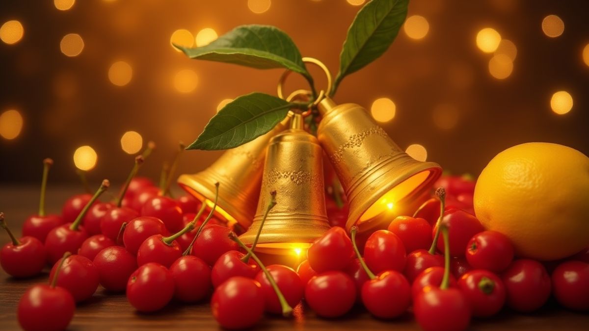 Campanas doradas rodeadas de frutas brillantes como cerezas y limones.