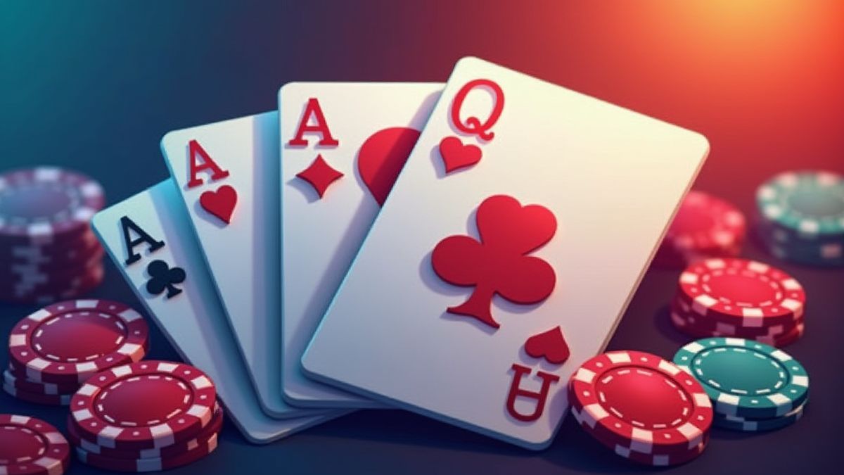Una baraja de cartas con colores vibrantes y fichas de casino.