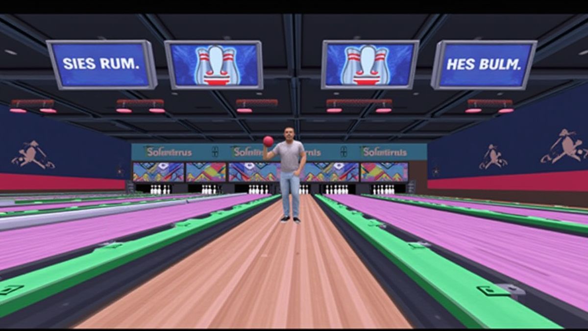 Spieler wählt zwischen zwei Bowlingbahnen in einer virtuellen Umgebung.
