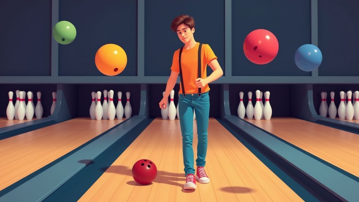 Spieler denkt strategisch in einer animierten Bowlingbahn.