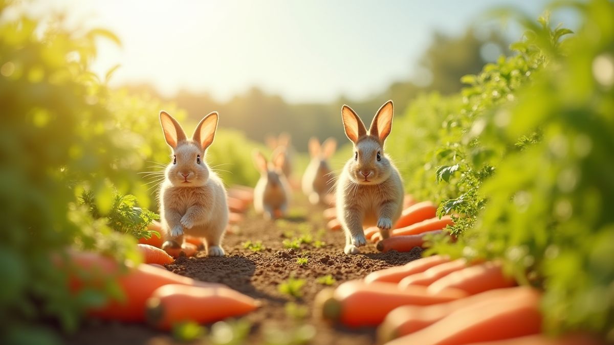 Image d'une ferme ensoleillée avec des lapins et des champs de carottes.