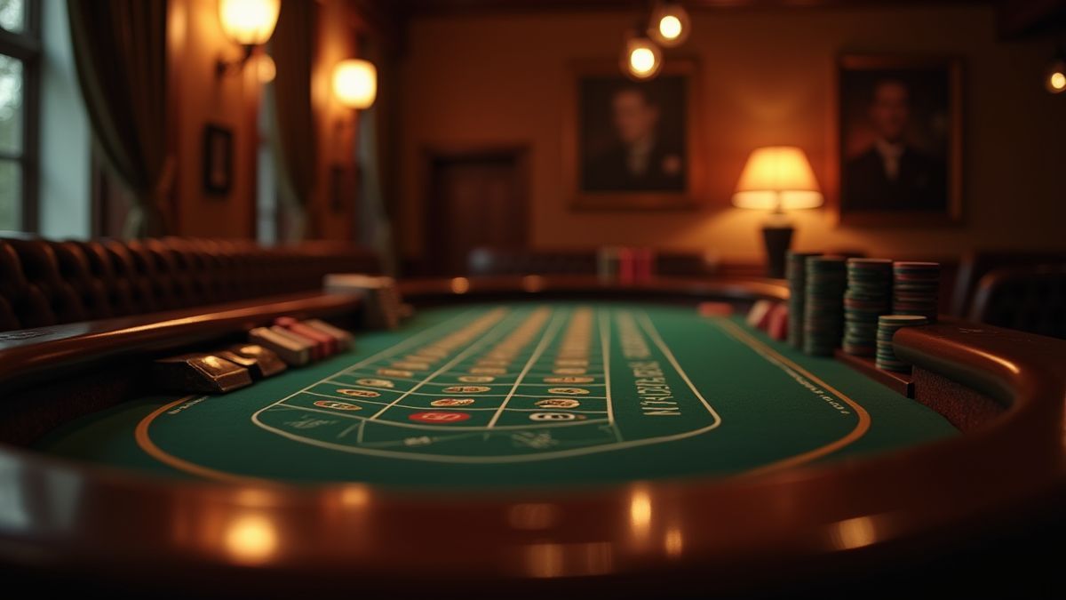 Mesa de casino con ambiente cálido y fichas apiladas
