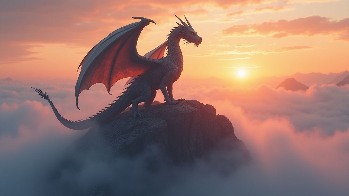 Un dragón majestuoso posado sobre una montaña brillante rodeada de niebla mística.
