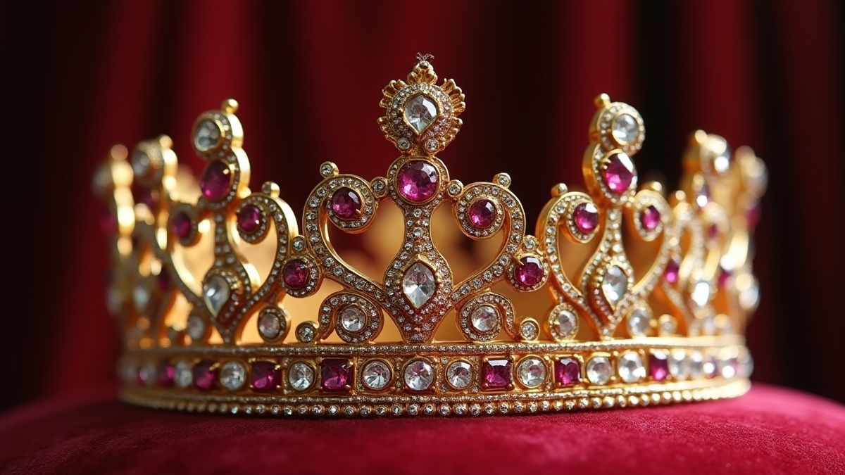 A shiny golden crown surrounded by diamonds and rubies.
