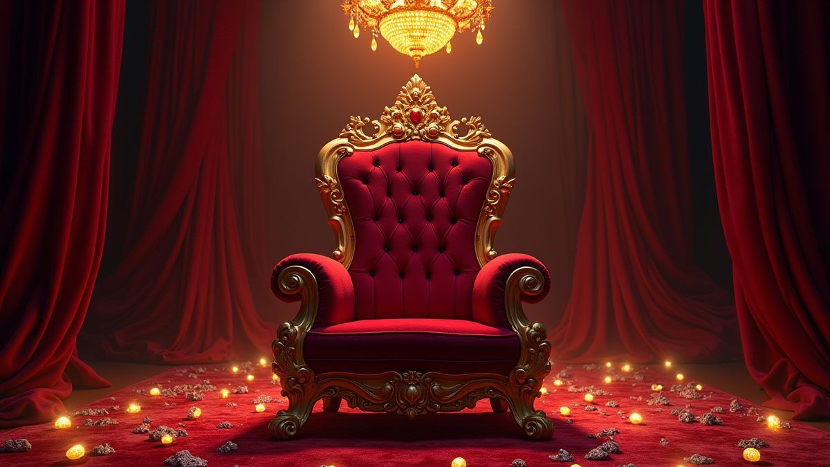 A velvet throne surrounded by shining jewels and a golden chandelier.