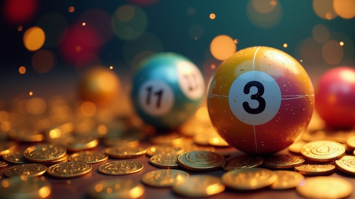 Bolas de lotería coloridas y monedas brillantes.
