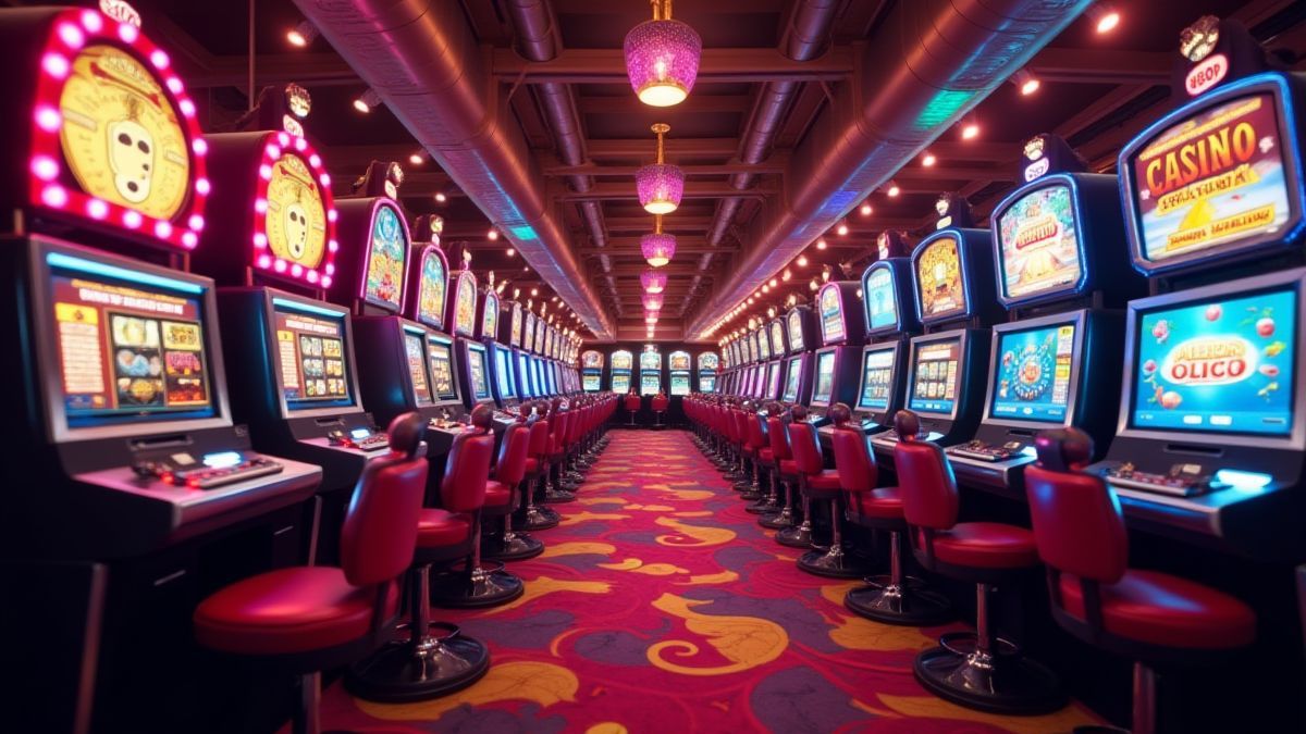 Ambiente festivo de casino con decoraciones coloridas.