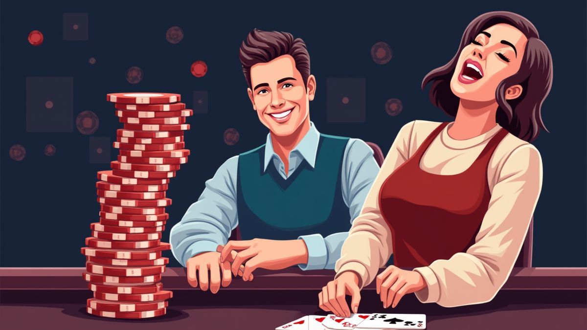 Speler viert een winnende pokerhand naast stapels casinofiches.