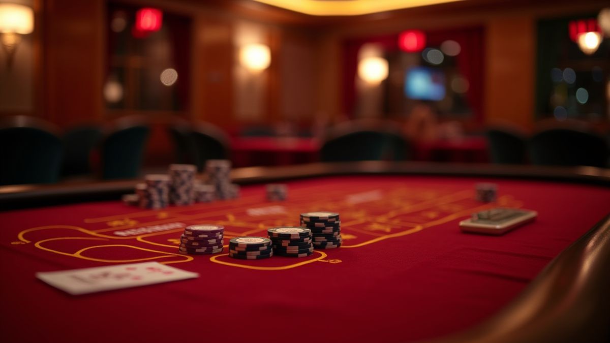 Ambiente de casino con mesas de terciopelo y fichas de póker.