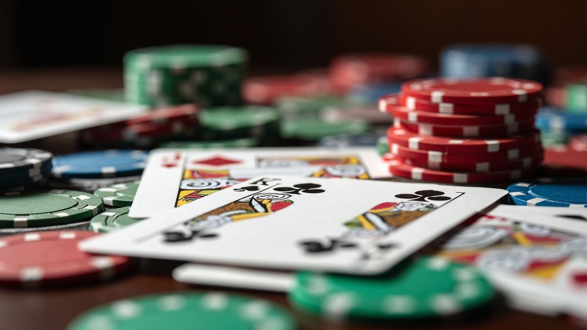 Mezcla de fichas y cartas de póker sobre una mesa.