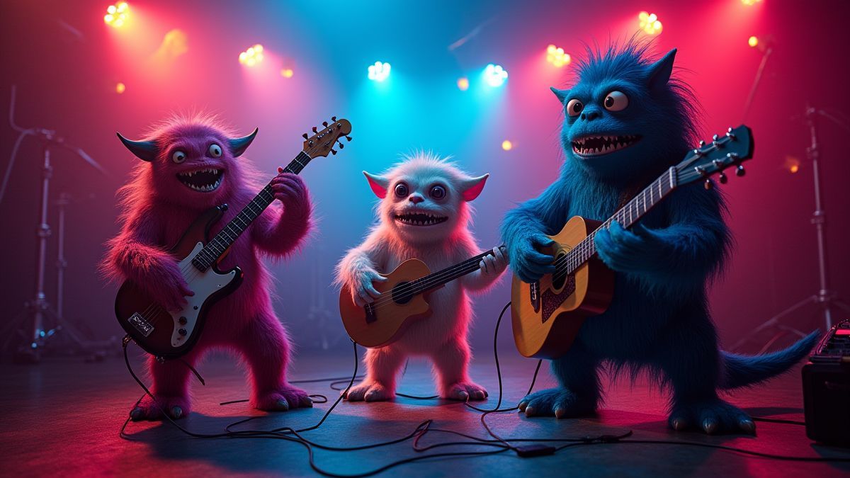 Monstros tocando instrumentos em uma disco.