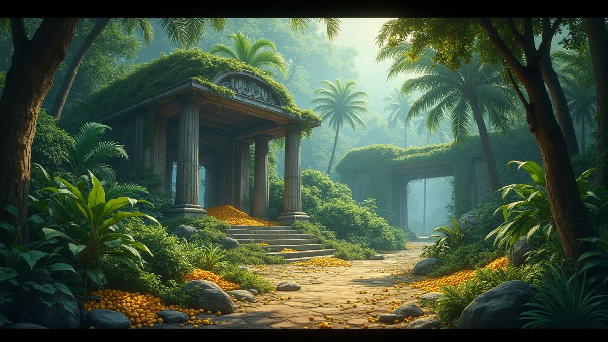 Ruinas en la jungla con tesoros dorados.