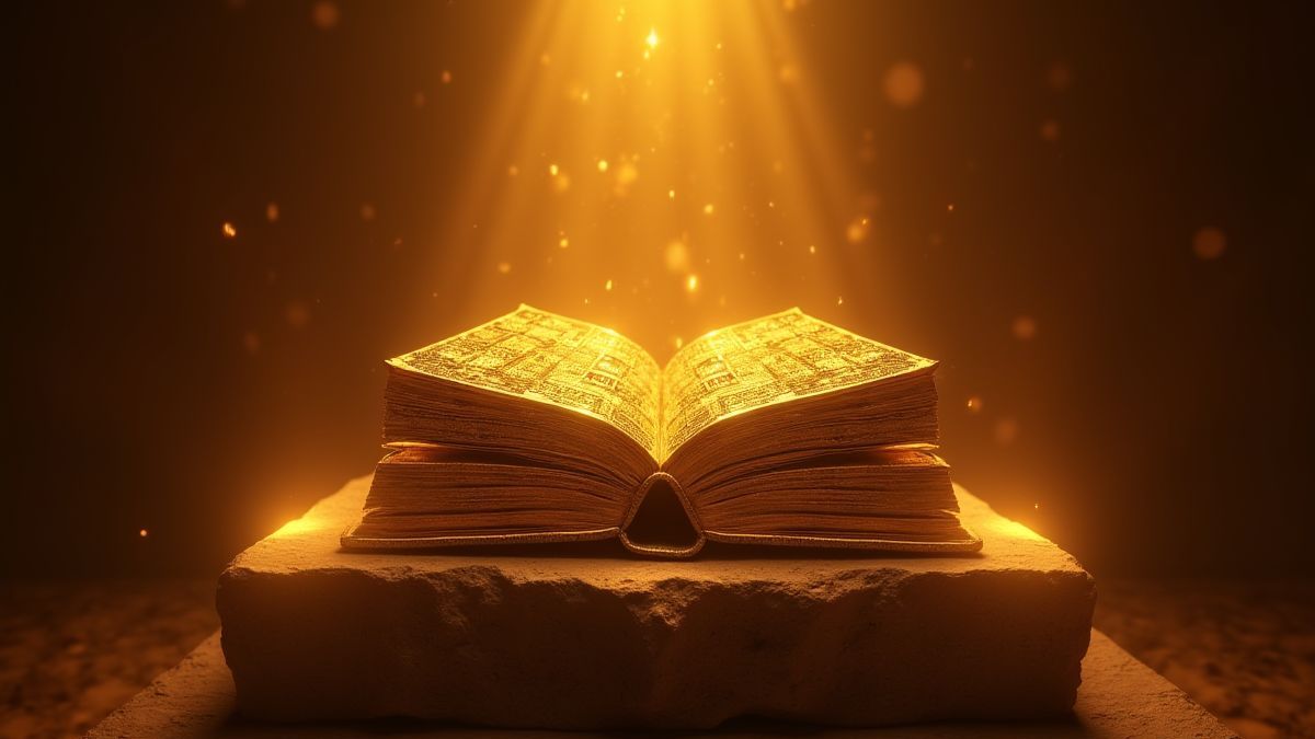 Libro dorado azteca rodeado de luz.