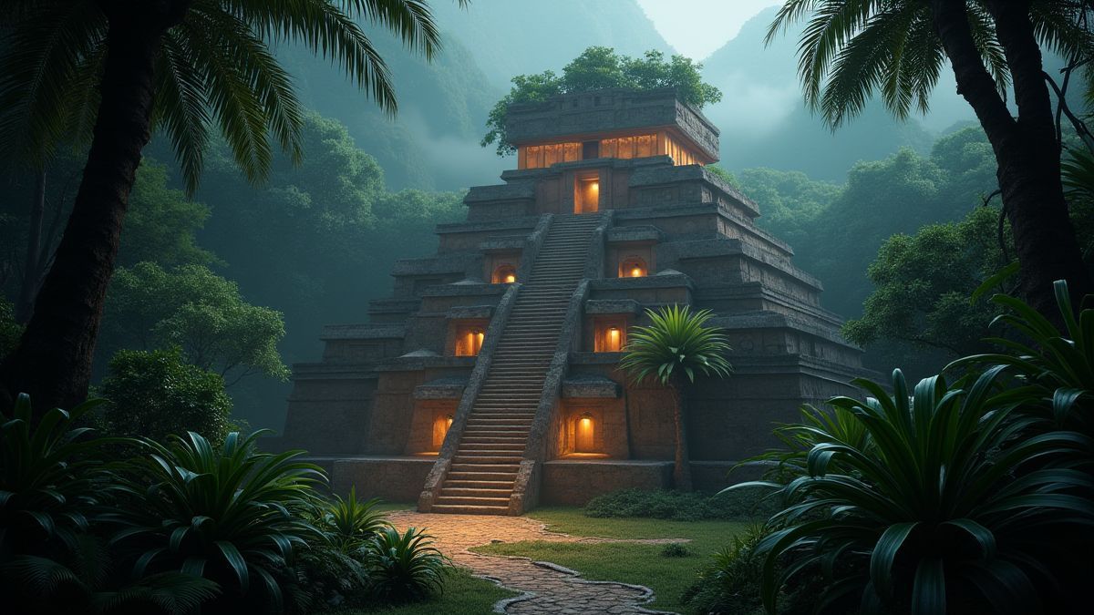 Templo azteca iluminado rodeado de plantas.